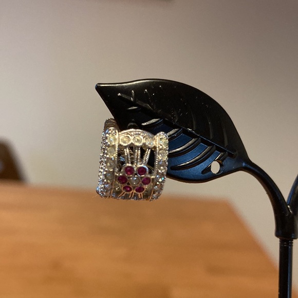 Earrings.  Rhinestone huggies with pink flowers.  L: 1/2 in.  Never worn - Picture 4 of 4